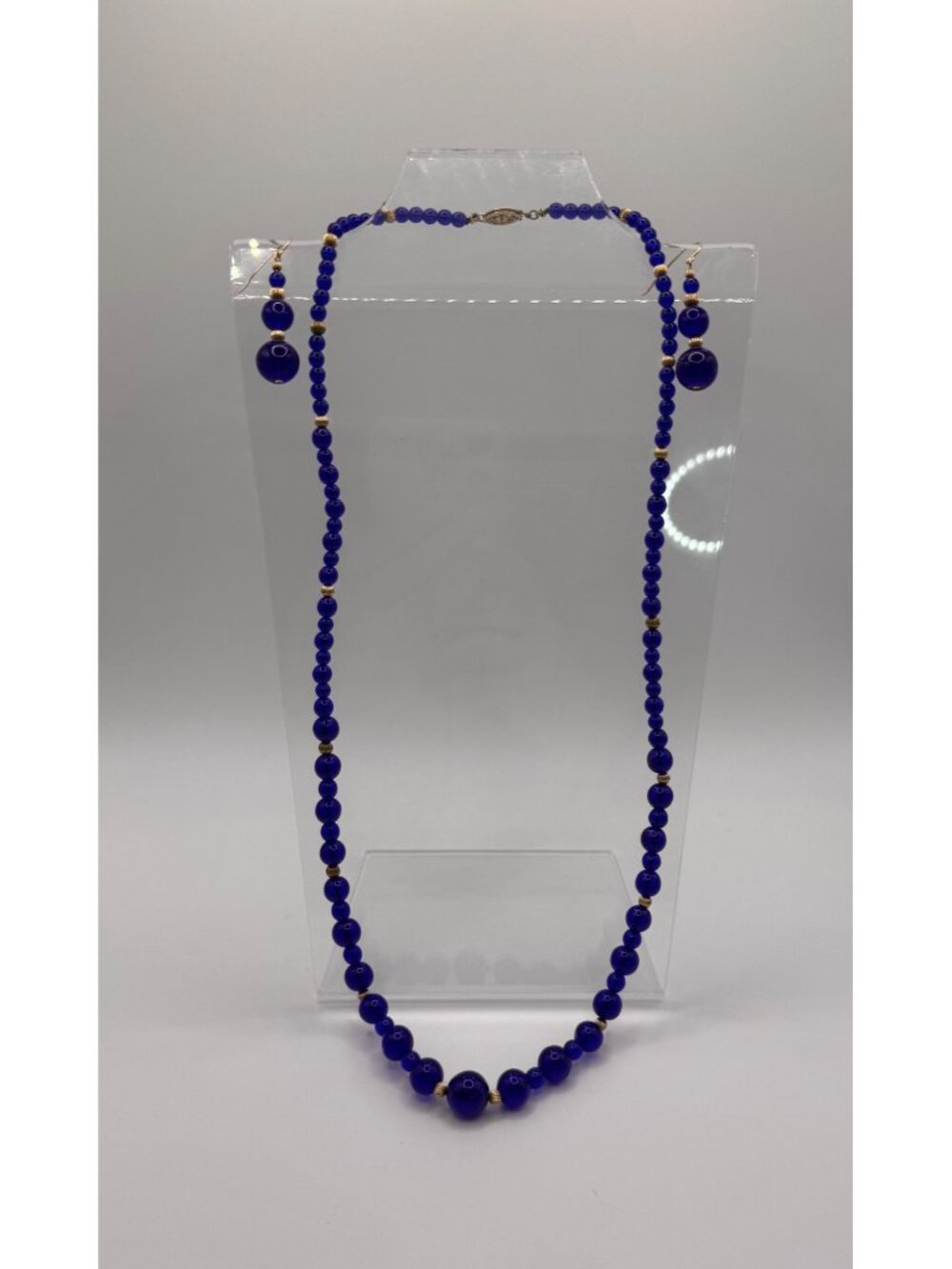Vintage Blue Glass Necklace Earrings Set 12K GF Clasp Cobalt Beaded Set